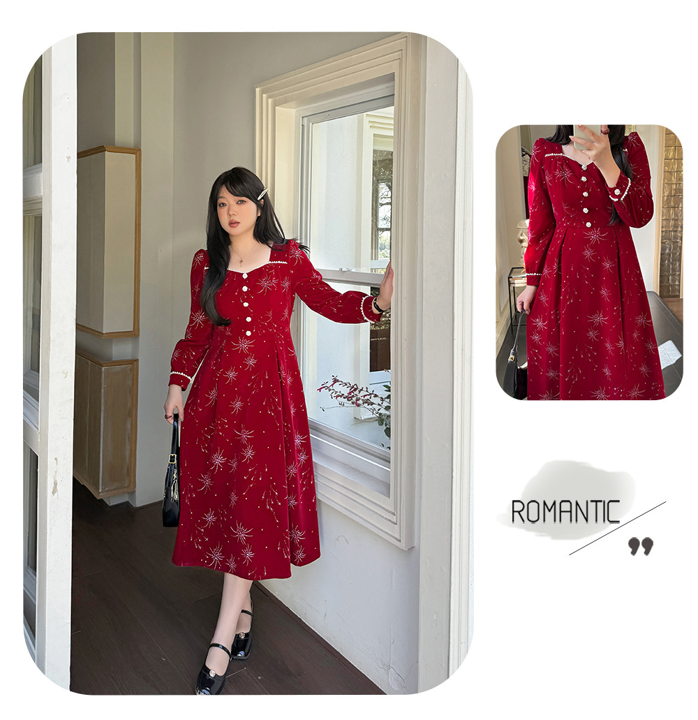 大きいサイズ レディース ビーズ花火柄ベルベットフレンチワンピース LL 3L 4L 5L