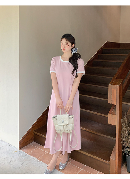 大きいサイズ レディース 配色ロゴウエストタックTシャツワンピース LL 3L 4L 5L 6L