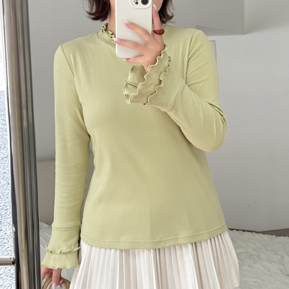 大きいサイズ レディース フリルネックスリムフィット長袖トップス LL 3L 4L 5L