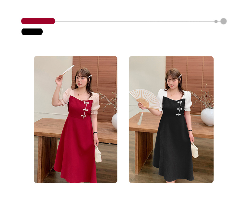 大きいサイズ レディース フレンチスクエアネックパフスリーブワンピース（半袖/長袖） LL 3L 4L 5L