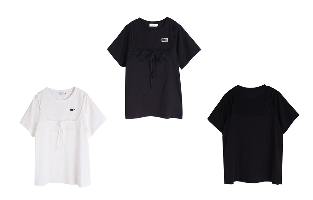 大きいサイズ レディース フェイクレイヤードレースリボンTシャツ LL 3L 4L 5L