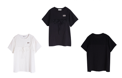 大きいサイズ レディース フェイクレイヤードレースリボンTシャツ LL 3L 4L 5L