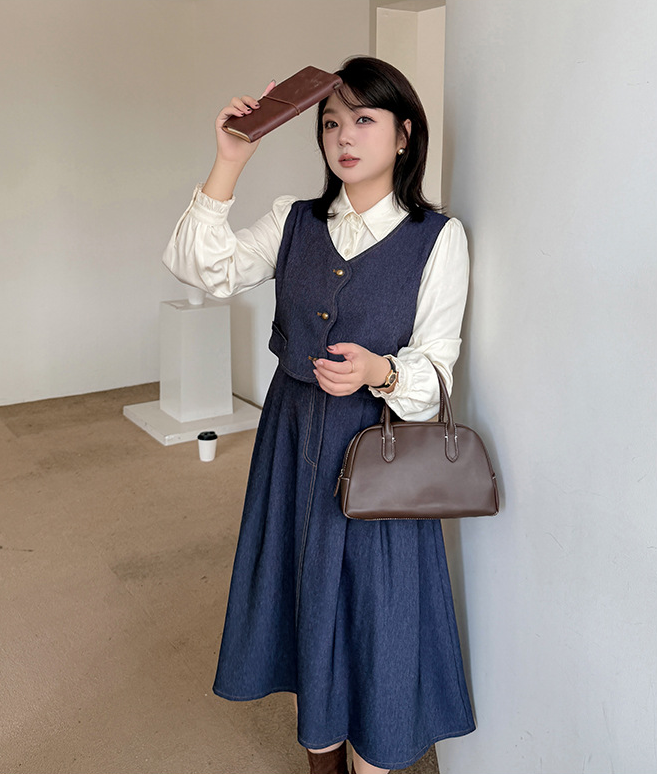 大きいサイズ レディース フェイクスリーピースデニムワンピース（シャツ+ベスト+スカート） LL 3L 4L 5L