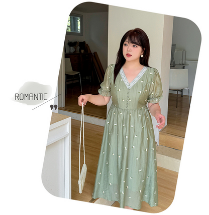 大きいサイズ レディース レースVネックフラワー刺繍ワンピース LL 3L 4L 5L