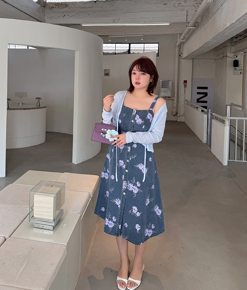 大きいサイズ レディース レトロ花柄デニムキャミソールワンピース LL 3L 4L 5L