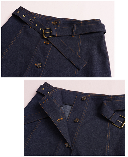 大きいサイズ レディース 起毛フェイクデニムベルト付ボタンダウンロングスカート LL 3L 4L 5L