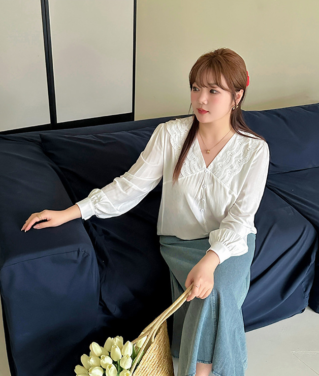 大きいサイズ レディース Vネックレースエレガントシャツブラウス LL 3L 4L 5L