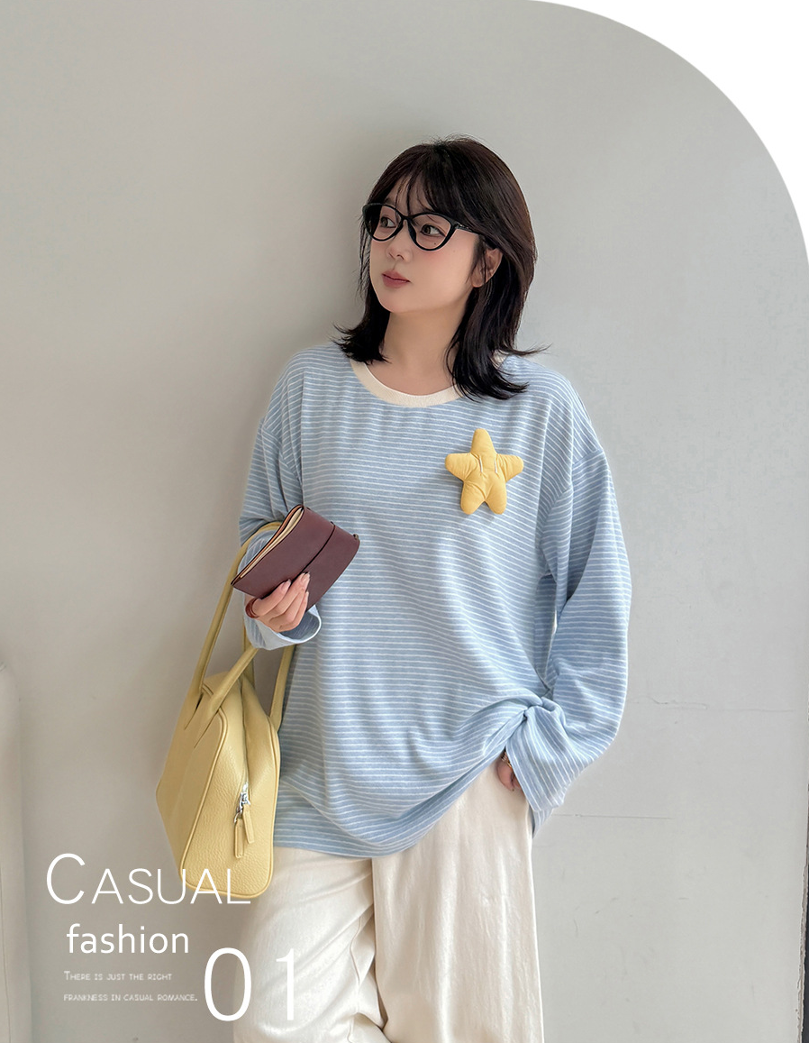 大きいサイズ レディース 星飾り付きラウンドネックニット長袖ストライプTシャツ LL 3L 4L 5L