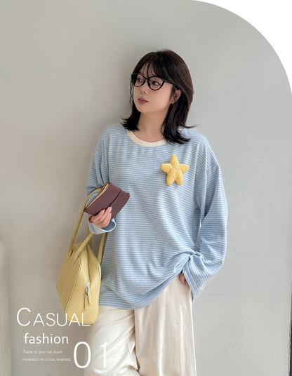 大きいサイズ レディース 星飾り付きラウンドネックニット長袖ストライプTシャツ LL 3L 4L 5L