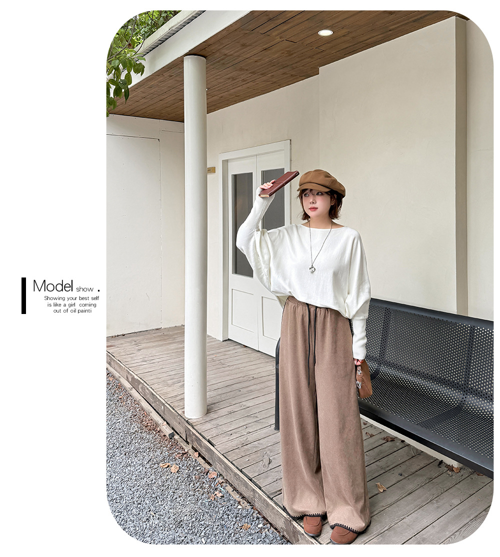 大きいサイズ レディース コントラストステッチウール風ワイドレッグパンツ LL 3L 4L 5L