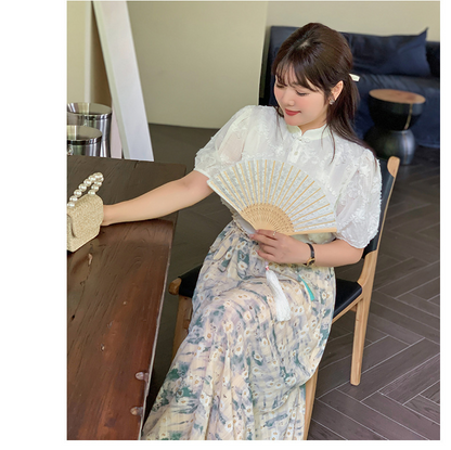 大きいサイズ レディース レトロチャイナ風ジャガードシフォン半袖シャツ LL 3L 4L 5L
