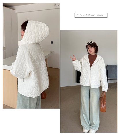 大きいサイズ レディース 軽量フード付きラメクロスステッチキルティングジャケット 3L 4L 5L