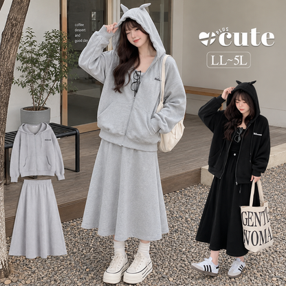 大きいサイズ レディース 耳付きスウェットパーカー+スカート2点セットアップ LL 3L 4L 5L