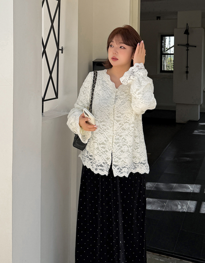 大きいサイズ レディース Vネックフリル刺繍レースエレガントブラウス LL 3L 4L 5L