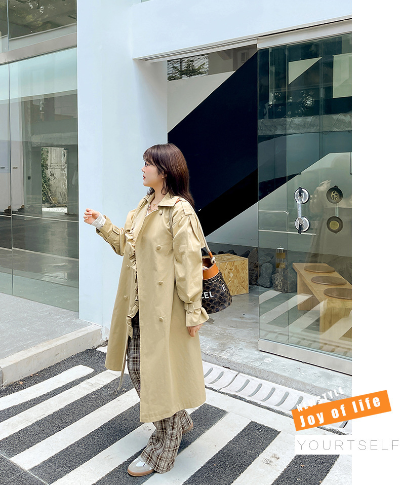 大きいサイズ レディース フリルラペルダブルブレストベルト付きロングトレンチコート LL 3L 4L 5L