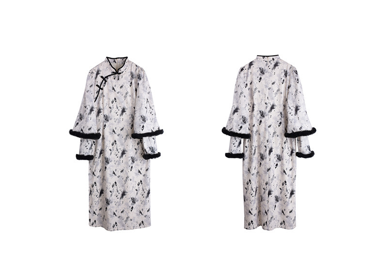大きいサイズ レディース ファー付きレトロプリントチャイナドレス LL 3L 4L 5L