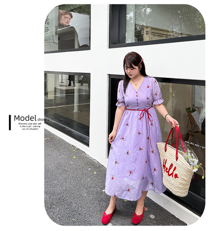 大きいサイズ レディース Vネック刺繍入りリボン花柄ワンピース LL 3L 4L 5L