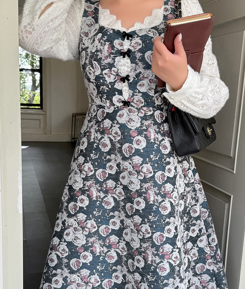 大きいサイズ レディース フレンチレースジャカードパッチワーク花柄ワンピース LL 3L 4L 5L