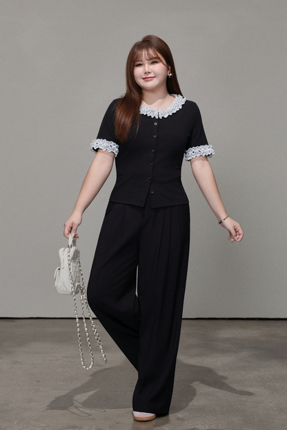 大きいサイズ レディース ドット柄レーストリム半袖トップス LL 3L 4L 5L