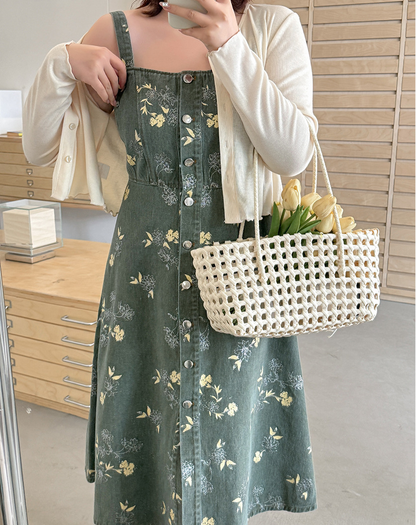 大きいサイズ レディース レトロ花柄デニムキャミソールワンピース LL 3L 4L 5L