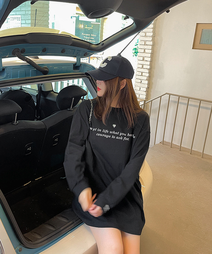 大きいサイズ レディース ハートチャームラウンドネックプリント長袖スウェットTシャツ LL 3L 4L 5L