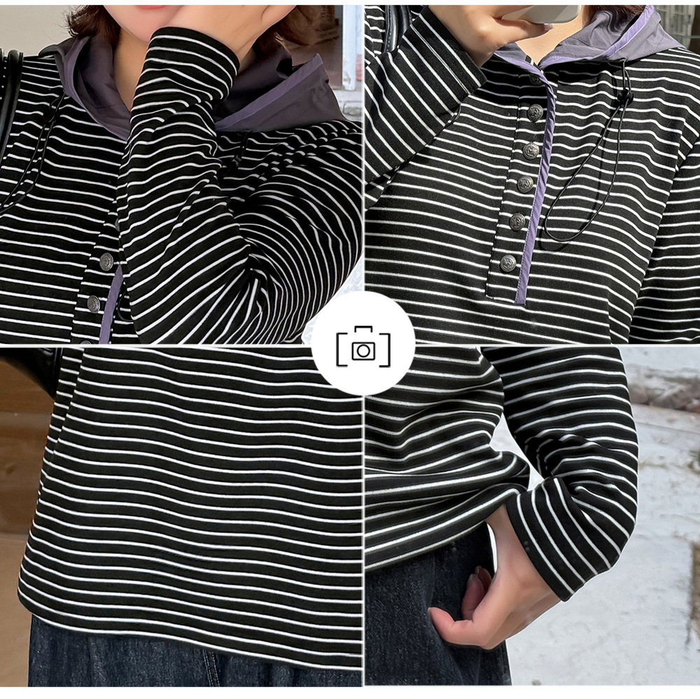大きいサイズ レディース フード付きストライプ柄ベースレイヤーフリースシャツ LL 3L 4L 5L