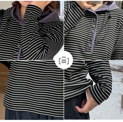 大きいサイズ レディース フード付きストライプ柄ベースレイヤーフリースシャツ LL 3L 4L 5L