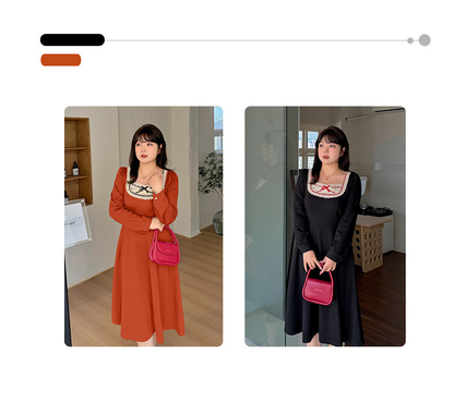 大きいサイズ レディース スクエアネックリボンレースワンピース LL 3L 4L 5L