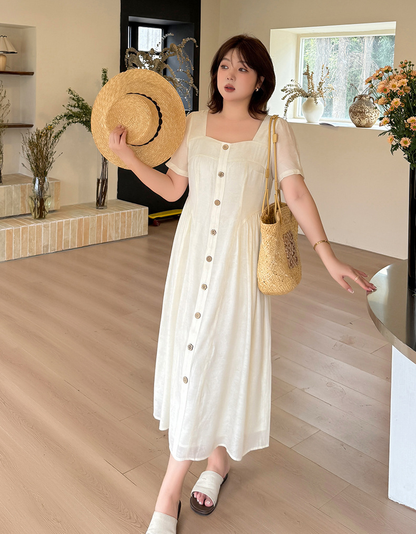 大きいサイズ レディース スクエアネック木目フラワーボタンマキシワンピース LL 3L 4L 5L