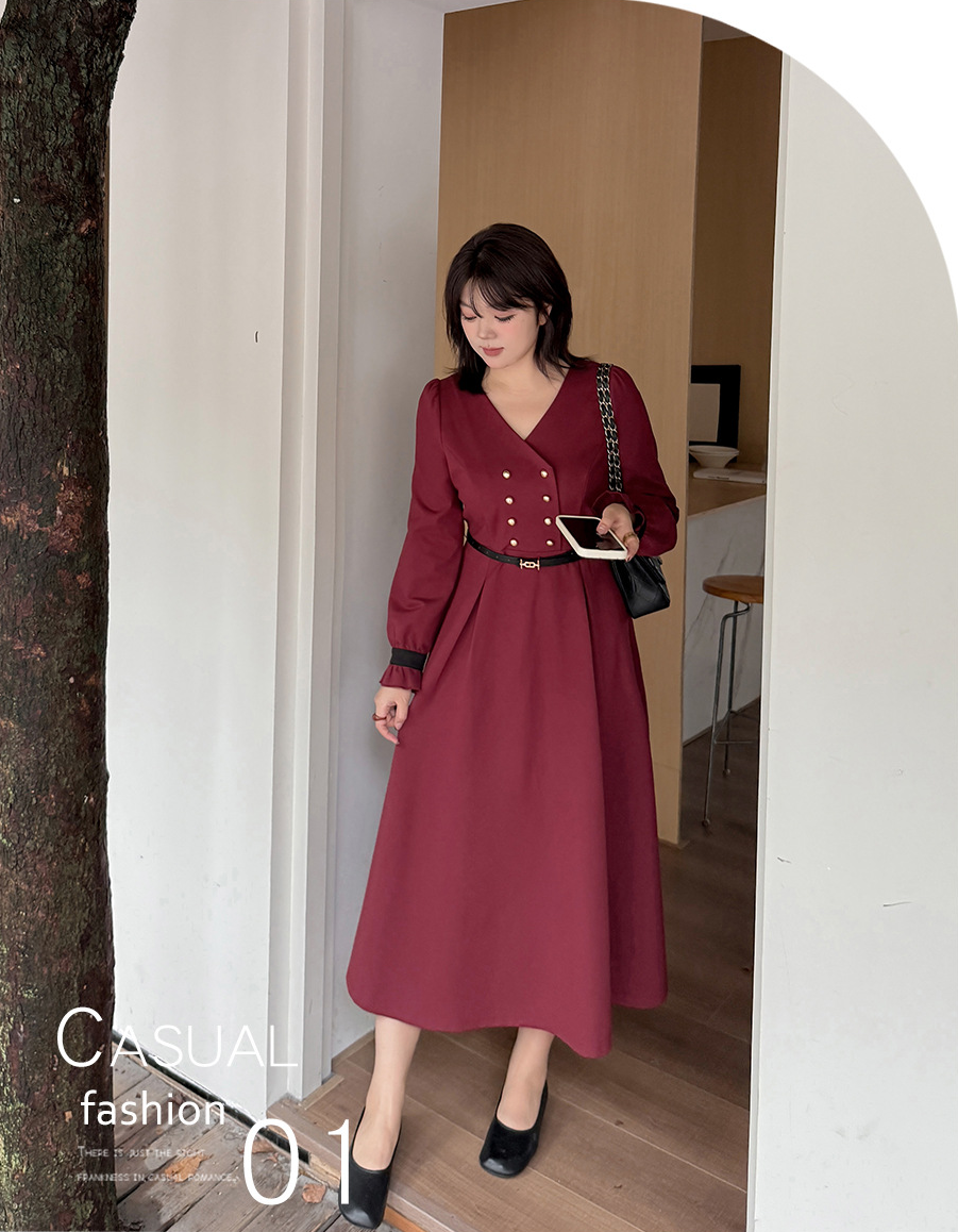 大きいサイズ レディース フリルVネックダブルブレストワンピース（ベルト別売） LL 3L 4L 5L