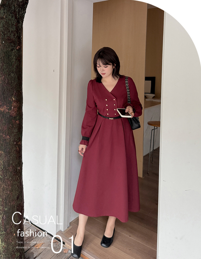 大きいサイズ レディース フリルVネックダブルブレストワンピース（ベルト別売） LL 3L 4L 5L