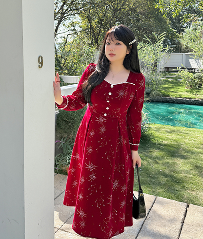 大きいサイズ レディース ビーズ花火柄ベルベットフレンチワンピース LL 3L 4L 5L