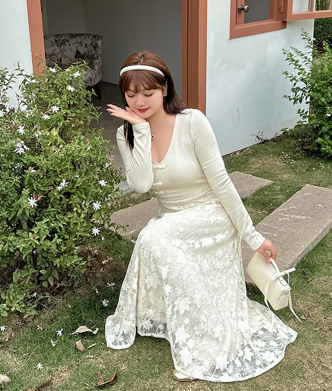 大きいサイズ レディース レース切替えVネックニットワンピース LL 3L 4L 5L