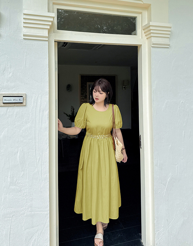 大きいサイズ レディース ラウンドネックダブルベルトカジュアルワンピース LL 3L 4L 5L