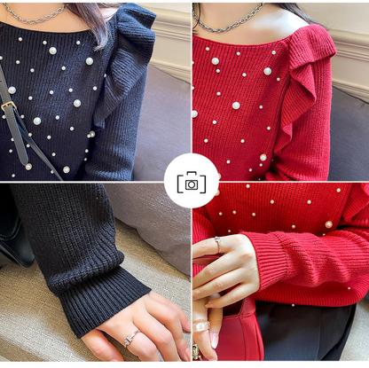 大きいサイズ レディース ビーズフリルオフショルダーニットセーター LL 3L 4L 5L