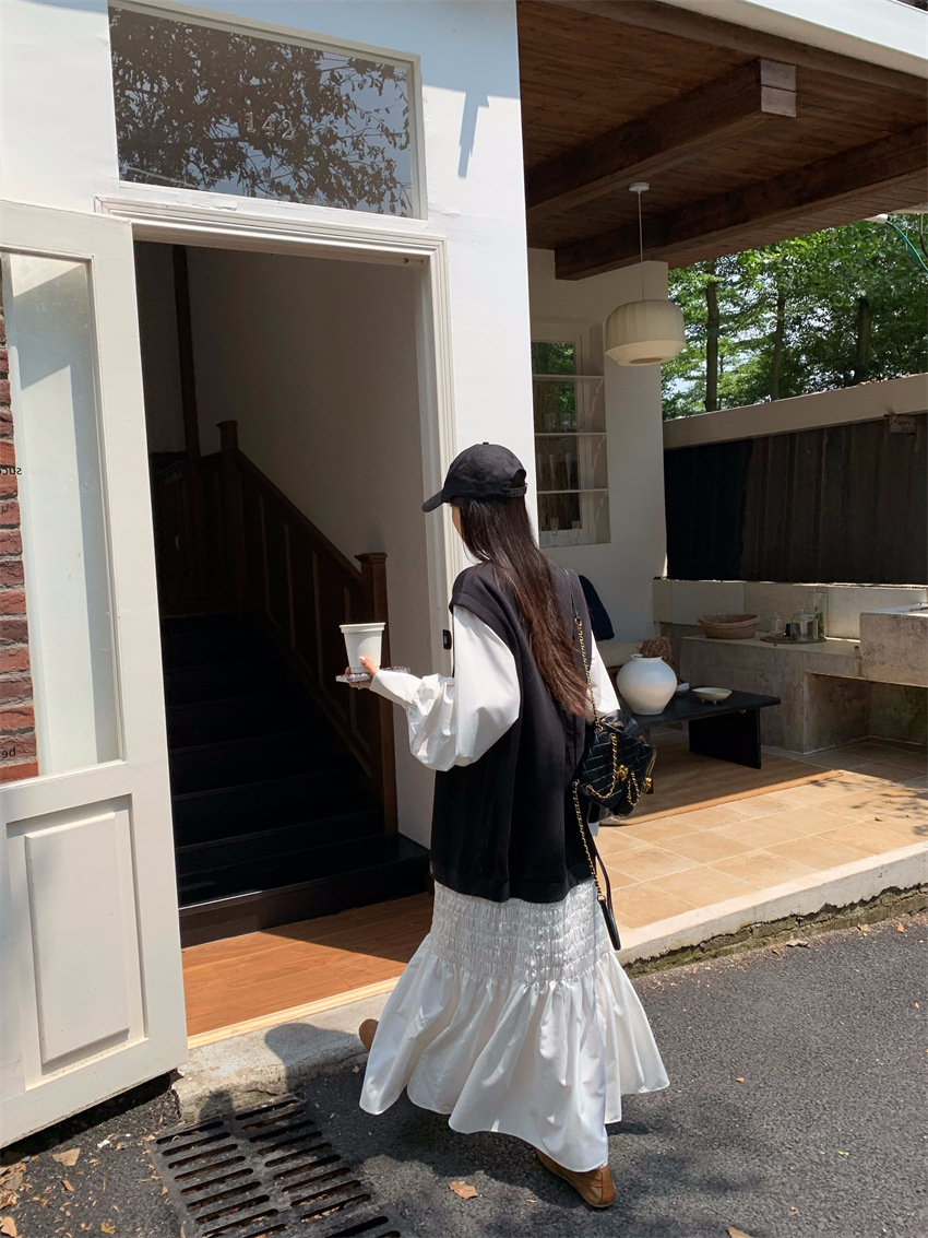 大きいサイズ レディース 異素材ドッキングシャーリングロングワンピース LL 3L 4L