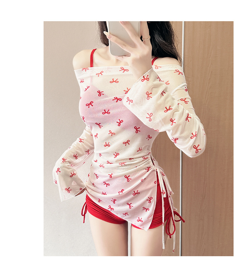 大きいサイズ レディース リボン柄シアートップス付きハイウエストセット水着 LL 3L 4L