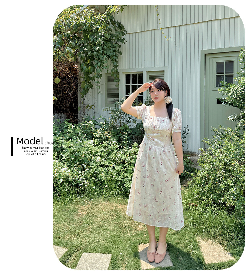 大きいサイズ レディース スクエアネック花柄プリントプリーツワンピース LL 3L 4L 5L