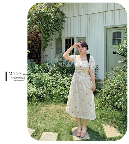大きいサイズ レディース スクエアネック花柄プリントプリーツワンピース LL 3L 4L 5L