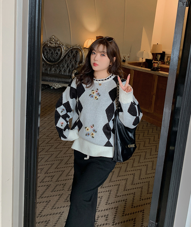 大きいサイズ レディース ラウンドネックレトロ小花ダイヤ柄プルオーバーセーター LL 3L 4L