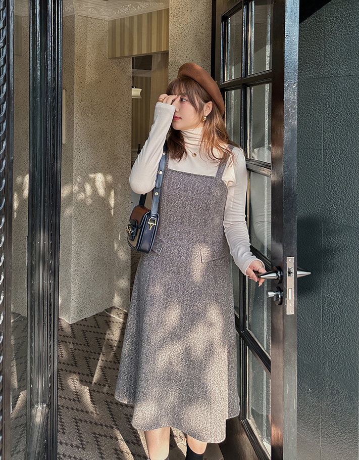 大きいサイズ レディース ハイネックインナーシャツ+サスペンダーワンピース2点セット LL 3L 4L 5L 6L