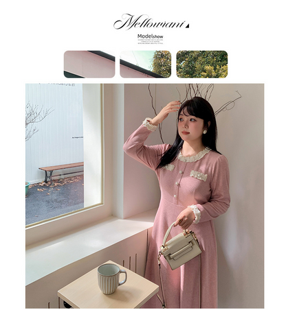 大きいサイズ レディース ラウンドネックレースニットワンピース LL 3L 4L 5L