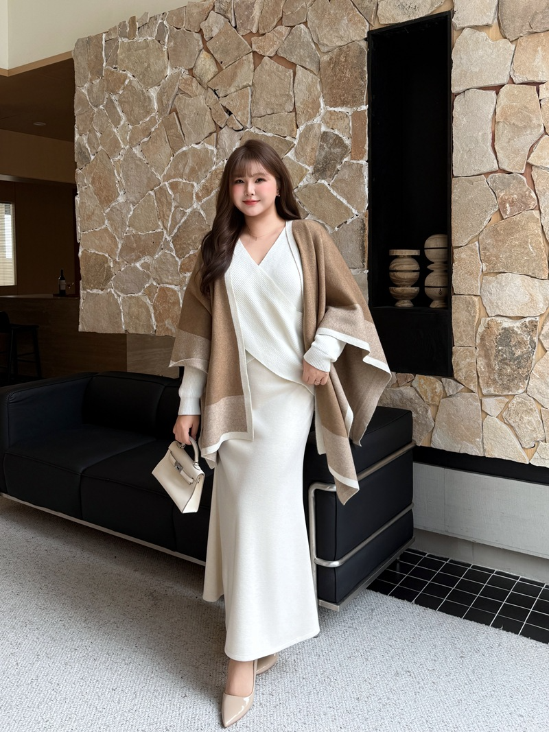 大きいサイズ レディース クロスオーバーVネックエレガントスリーピース（セーター+スカート+ショール） L LL 3L 4L F フリーサイズ