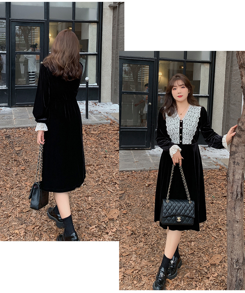 大きいサイズ レディース Vネックレースベルベットエレガントワンピース  LL 3L 4L 5L 6L