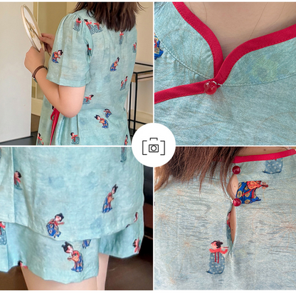 大きいサイズ レディース リボンビーズチャイナ風プリントセットアップ（トップス＆ショートパンツ） LL 3L 4L 5L
