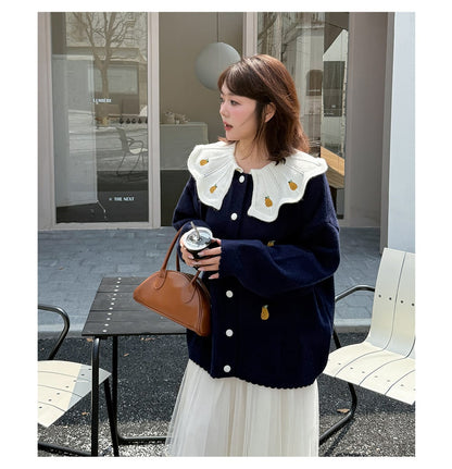大きいサイズ レディース 洋梨刺繍ビッグカラーニットカーディガン フリーサイズ 6