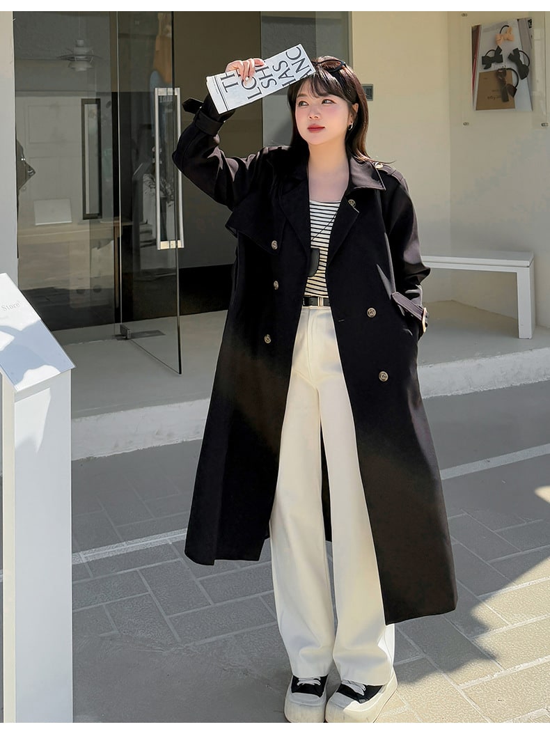 大きいサイズ レディース ベルト付きダブルボタンロングトレンチコート LL 3L 4L 5L 6