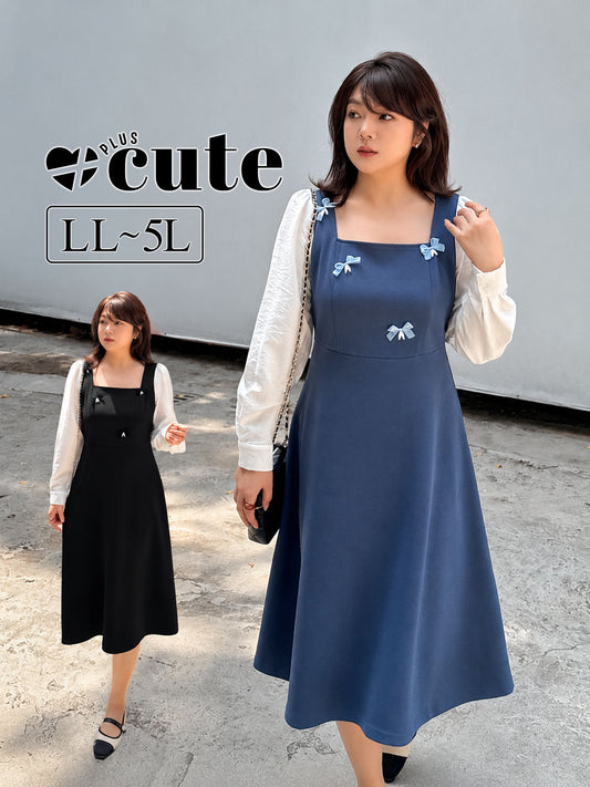 大きいサイズ レディース リボン付きスクエアネックドッキングワンピース LL 3L 4L 5L