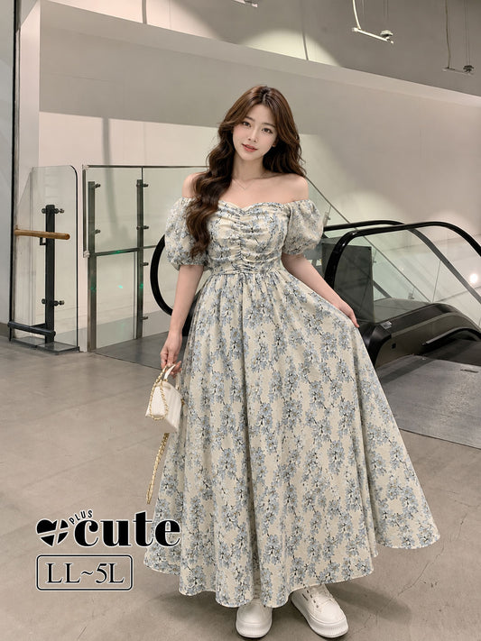 大きいサイズ レディース 花柄シャーリングパフスリーブロングワンピース LL 3L 4L 5L