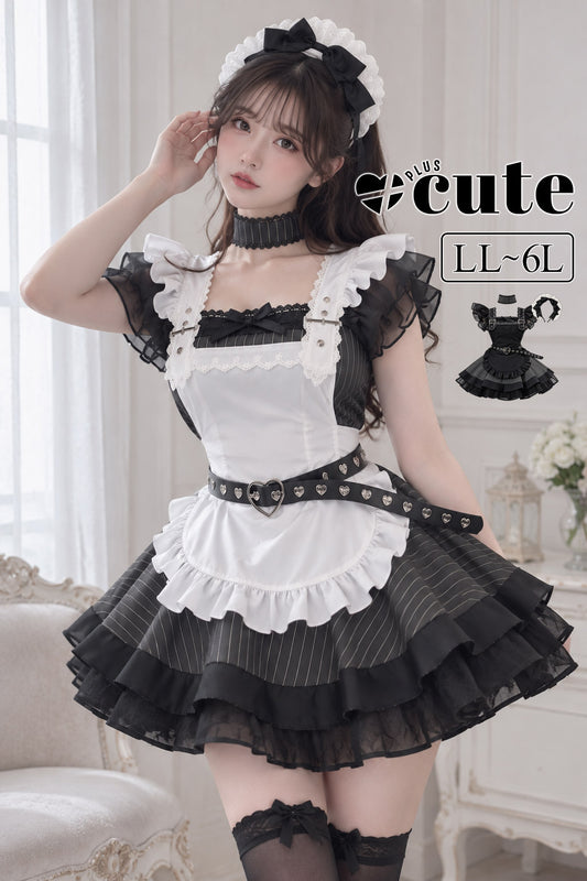 大きいサイズ レディース ヘッドドレス＆ハートベルト付きフリルメイドコスチューム LL 3L 4L 5L 6L